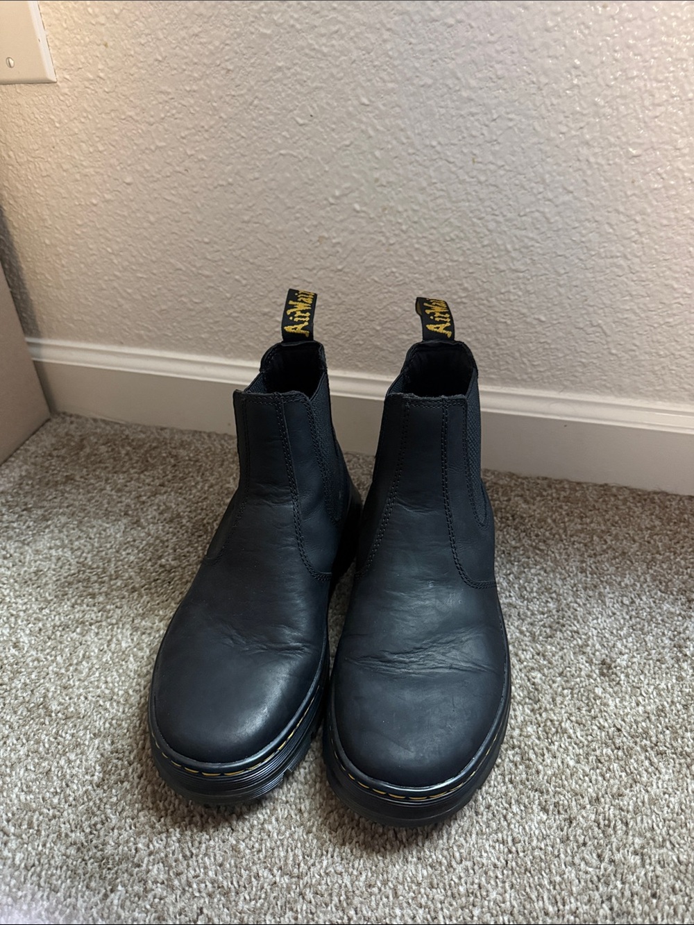 Dr. Martens Black Leather Chelsea Boots with Yellow Stitching
